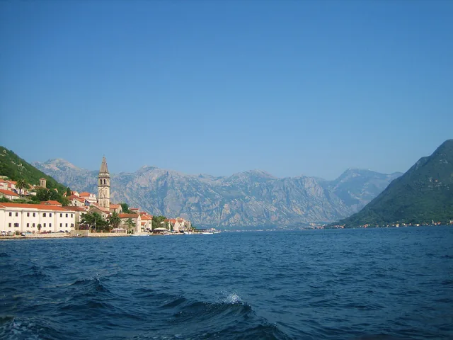 Perast waterfront seen from a boat in the Bay of Kotor