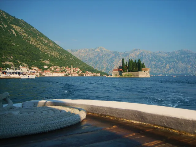 View from a boat toward Saint George Island and Perast